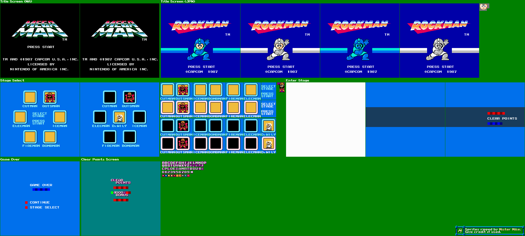 Mega Man - Title Screen, Stage Select & Game Over