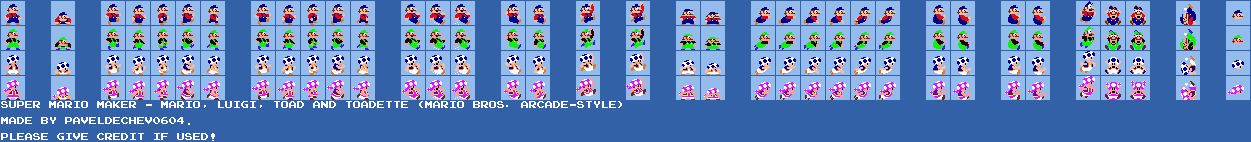 Mario Customs - Mario, Luigi, Toad & Toadette (Super Mario Maker, Mario Bros. Arcade-Style)