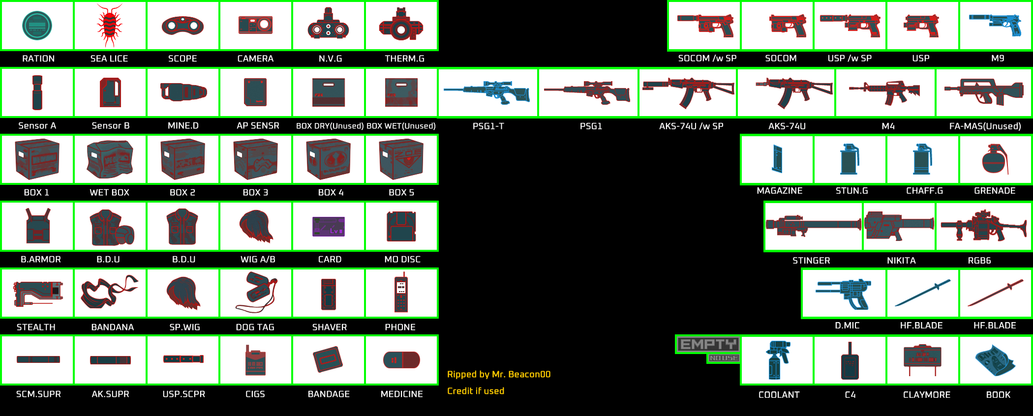 Metal Gear Solid 2: Sons of Liberty - Items & Weapon Icons (HD version)