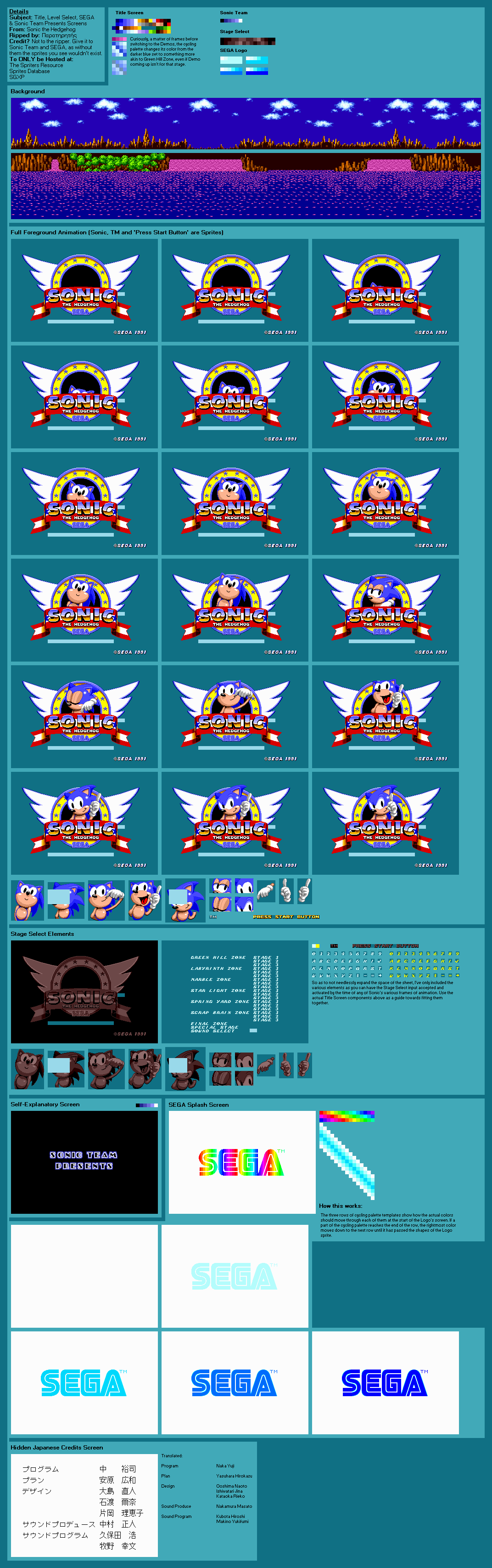 Sonic the Hedgehog - Title Screen, Stage Select & Company Screens