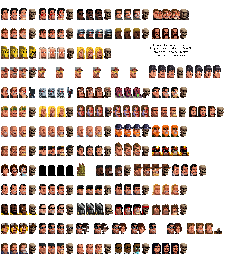 The Spriters Resource - Full Sheet View - Broforce - Mugshots