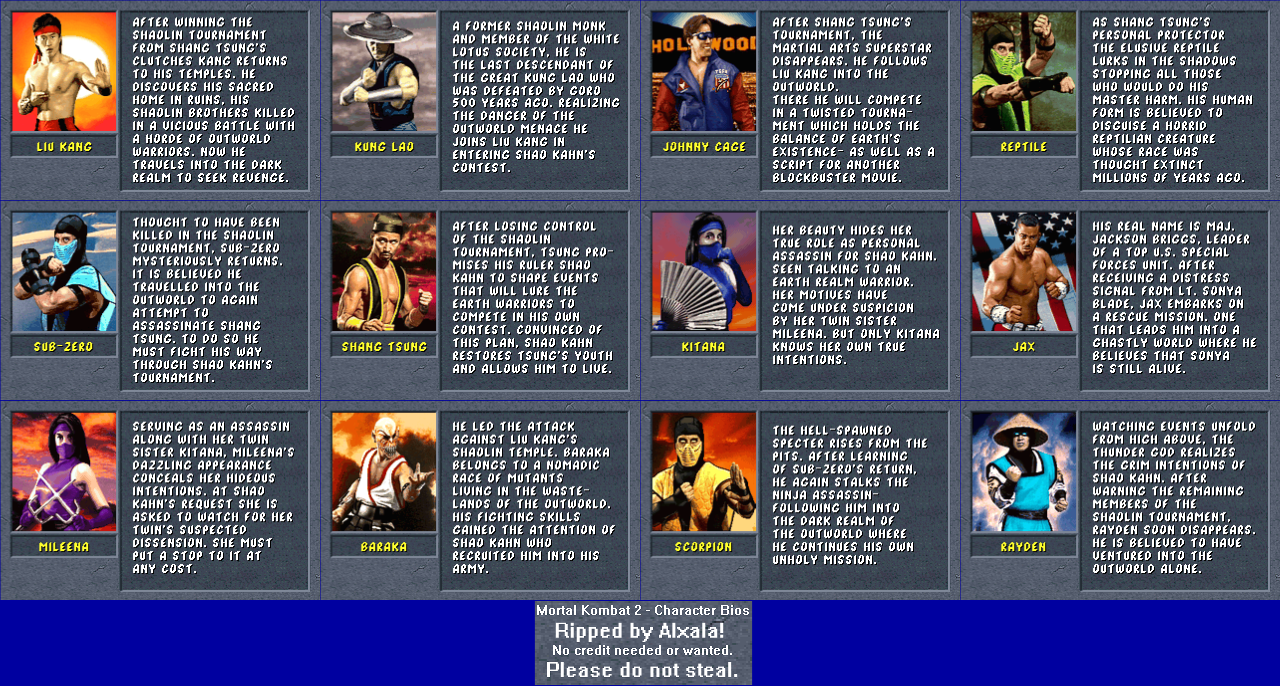 The Spriters Resource - Full Sheet View - Mortal Kombat 2 - Character Bios