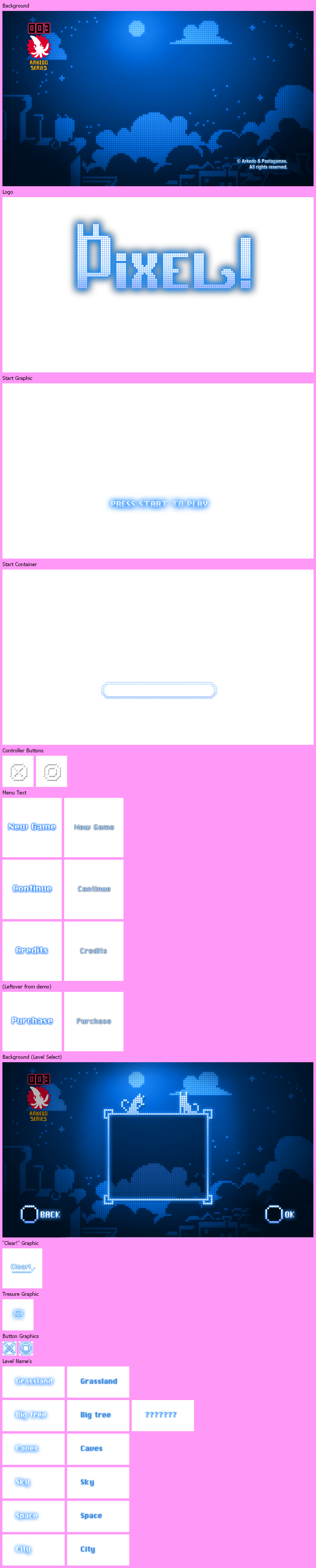 Arkedo Series 003: Pixel! - Main Menu Graphics