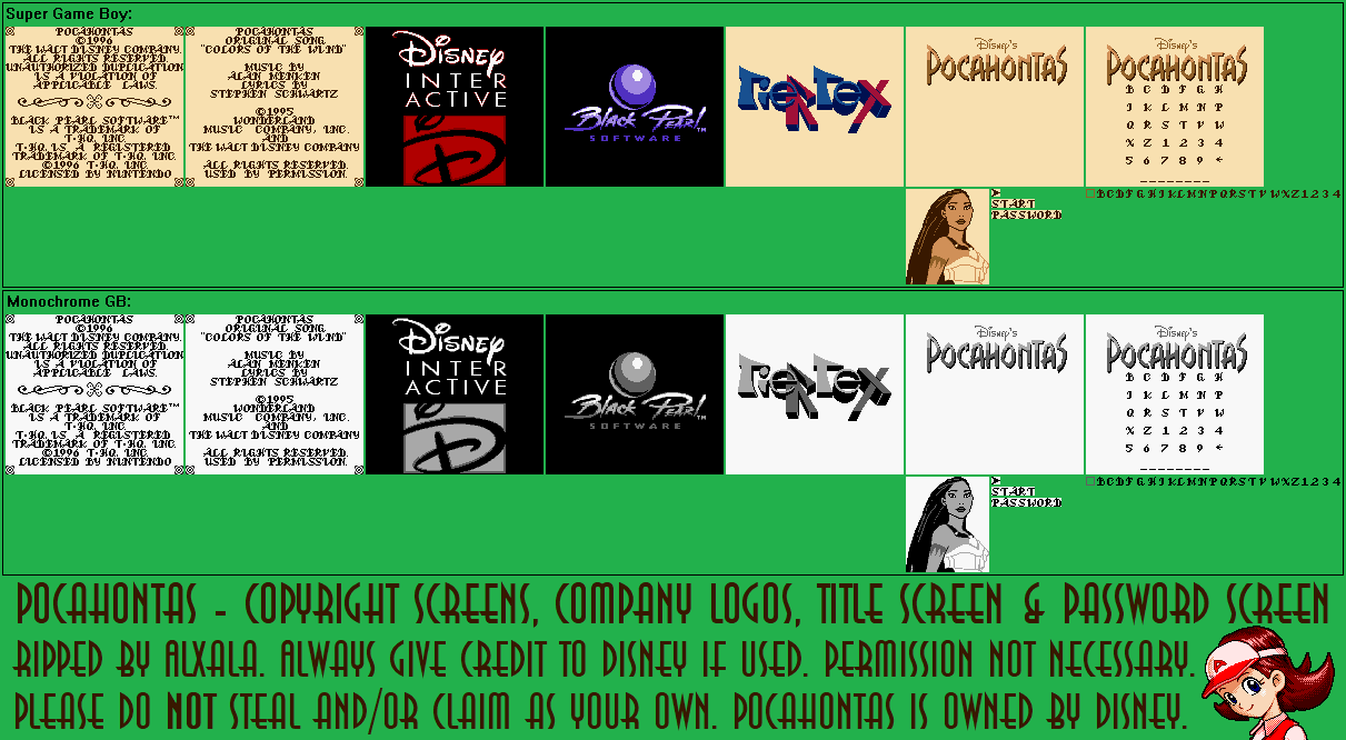 Pocahontas - Copyright Screens, Company Logos, Title Screen & Password Screen