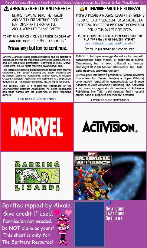 Marvel: Ultimate Alliance - Health & Safety Screens, Introduction, Title Screen & Main Menu Elements