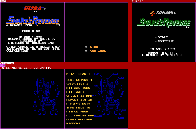 Metal Gear: Snake's Revenge - Title Screens & Metal Gear Schematic